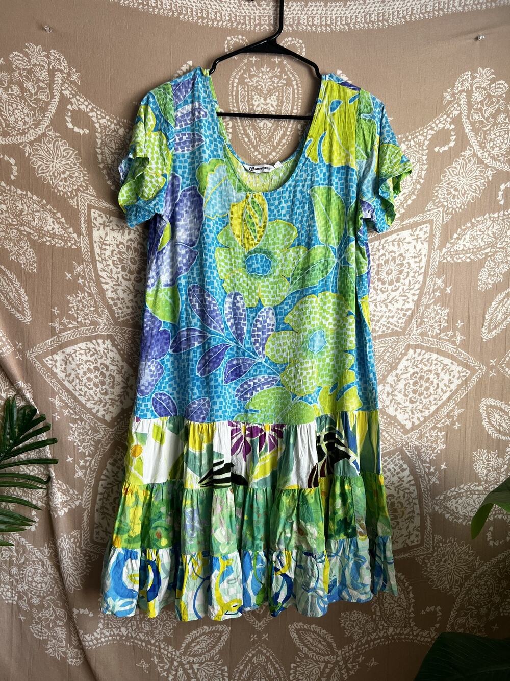 Jams World Watercolor Floral Tiered Drop-Waist Dress Blue Green Size M
